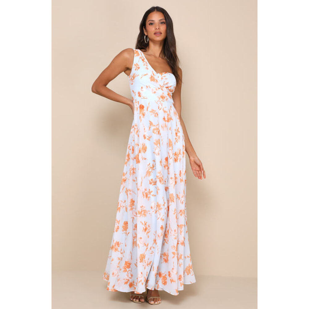 Lulus Fashionably Refined Light Blue Floral One-shoulder Maxi. Only worn 2x